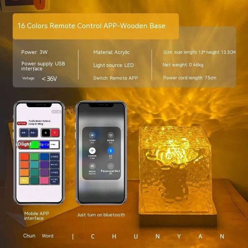 USB LED water ripple night light with rotating crystal projection and remote control
