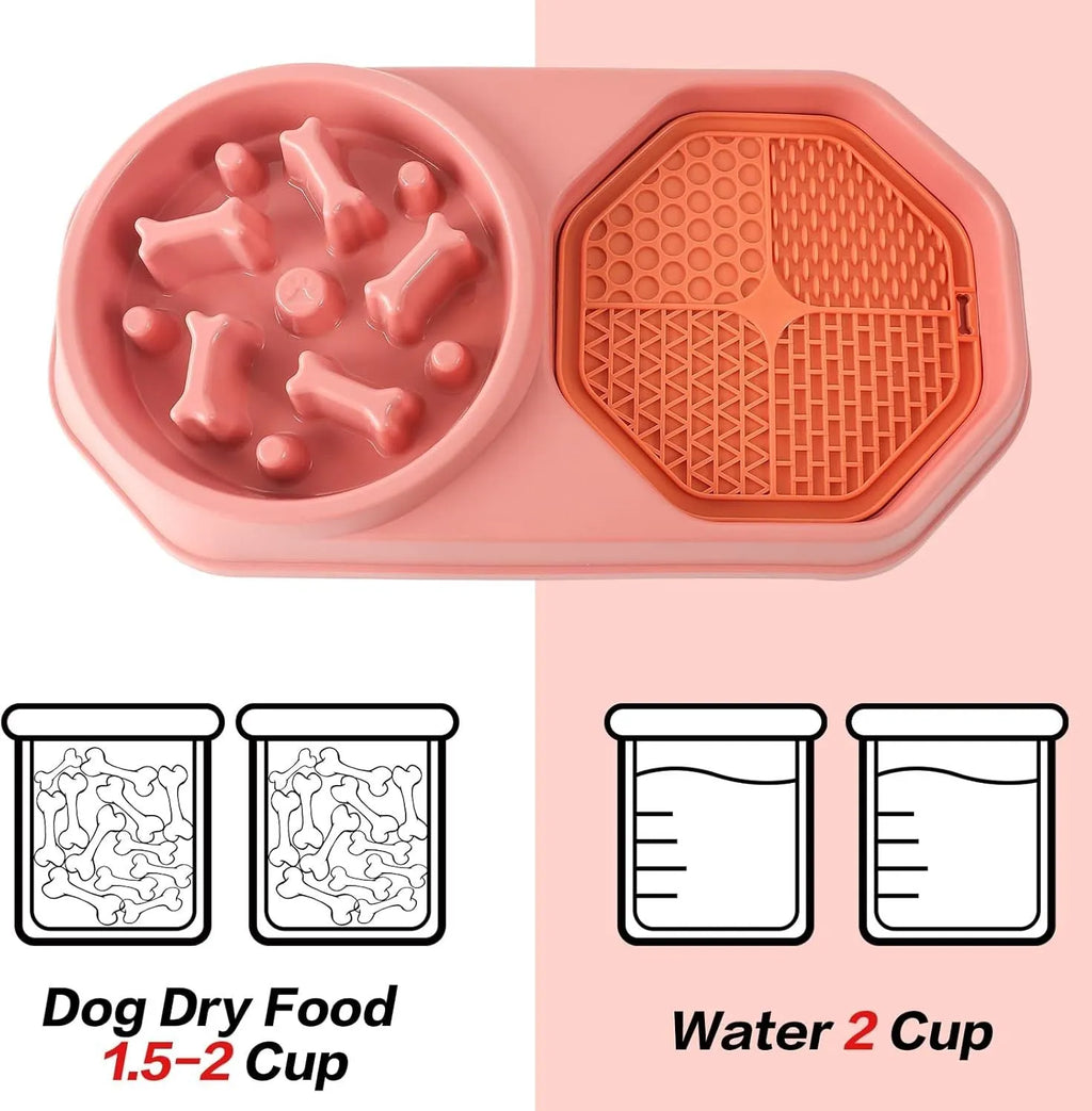 Blue slow feeder dog bowl with maze pattern for interactive feeding, showing non-slip pads on base.