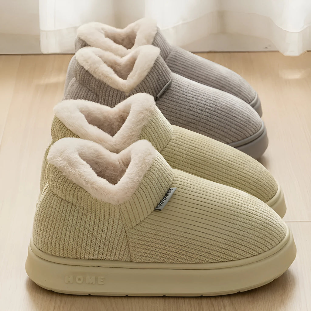 Women's ankle wrap cotton slippers plush upper non-slip EVA sole available in green khaki pink brown gray
