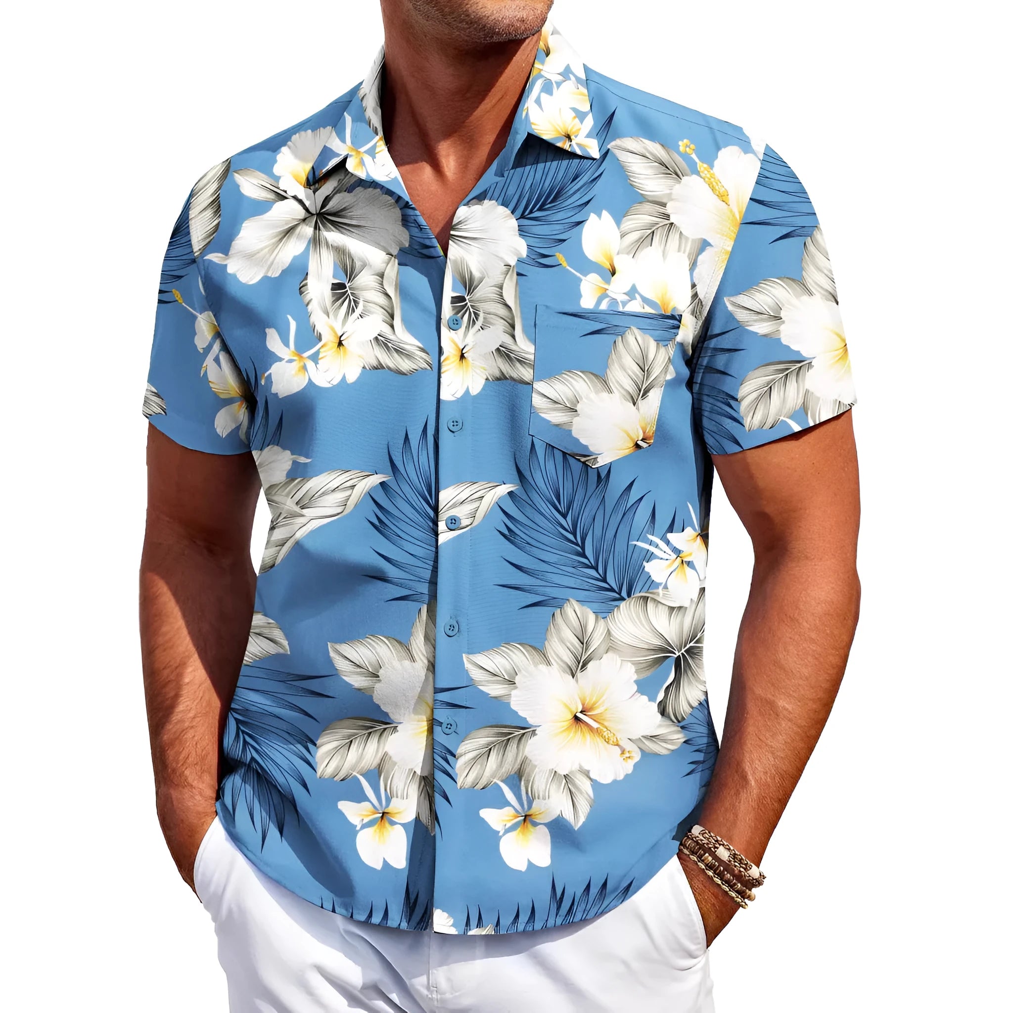 Man wearing a slim fit Hawaiian print short sleeve shirt in four-sided elastic polyester.