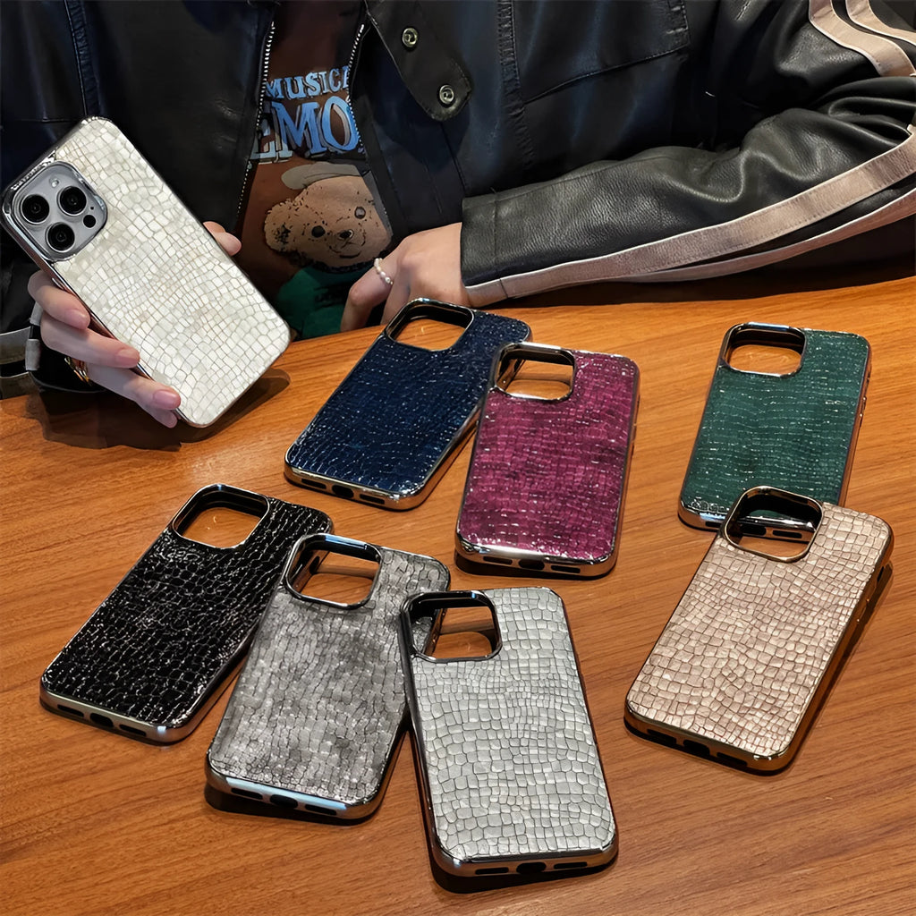 Crocodile pattern electroplated phone case in imitation leather with fall protection for iPhone 12, 13 and 14 Pro Max