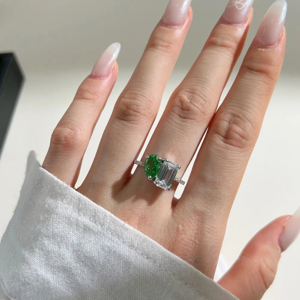 S925 sterling silver double main stone ring for women, geometric shape, sizes 6 to 9