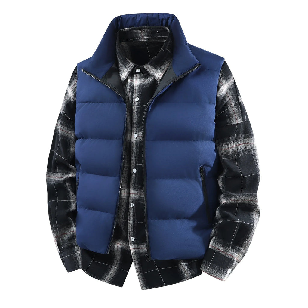 Men's plus size corduroy stand collar vest coat in black with thick lining, loose fit