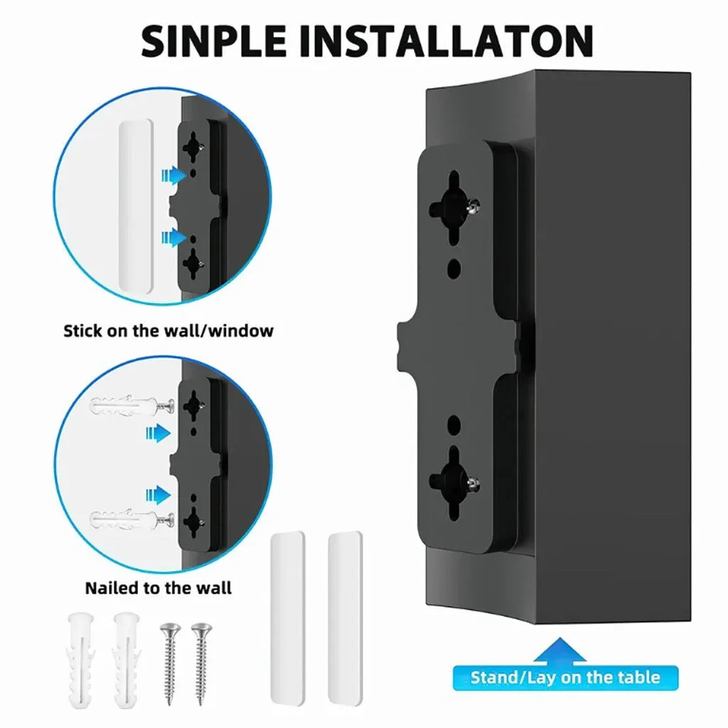 Black plastic digital HD television antenna with mounting screws, tubes, cable ties, and adhesive tape.