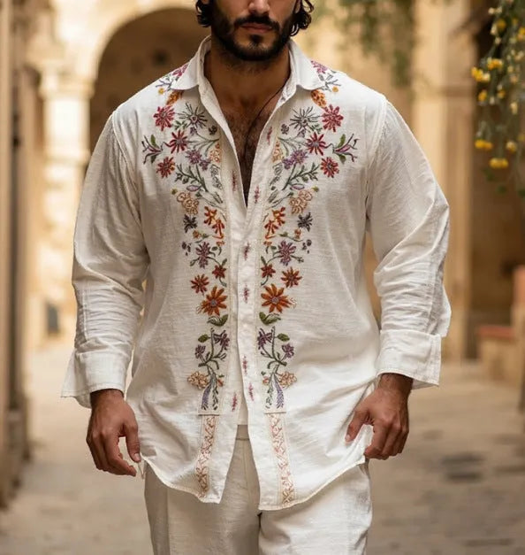 Men's loose-fit cardigan with long sleeves and a retro 3D printed pattern, shown in colour CXCS55281650.