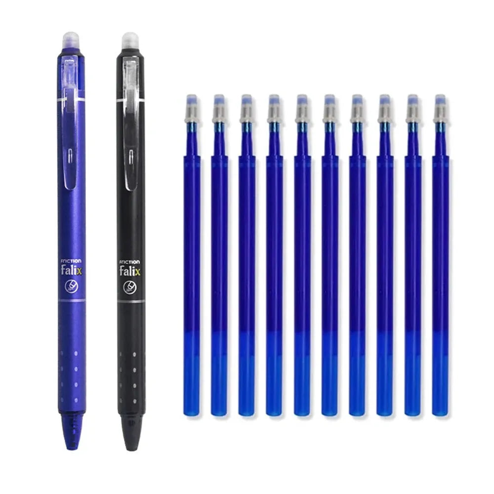 Hot Erasable Push Gel Pen with 0.5mm tip in plastic casing, shown with blue and black ink options.
