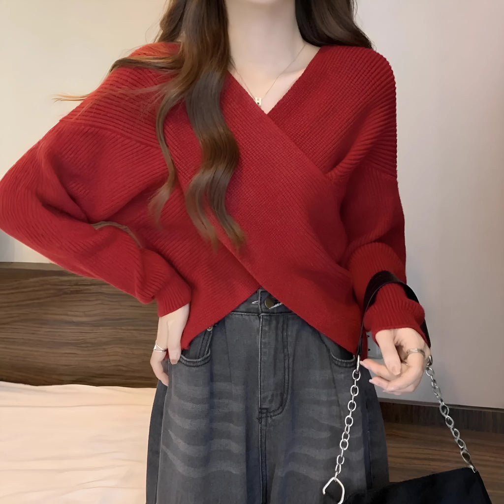 Loose long-sleeve sweater design blouse in white, red, pink, black, or grey, sizes S to L