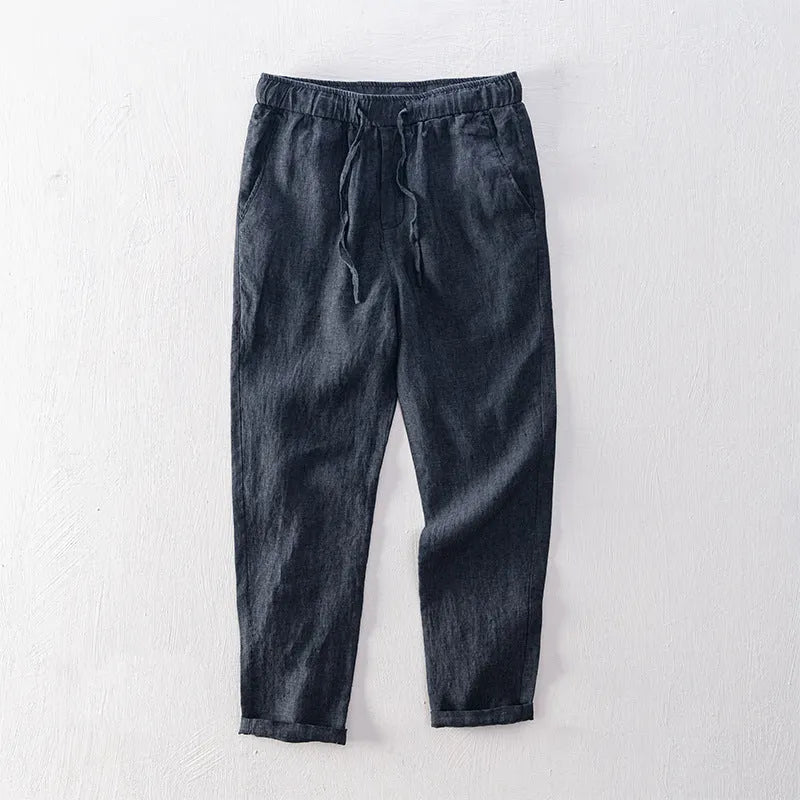 Men's straight-leg linen trousers in mid-waist design showing colour options