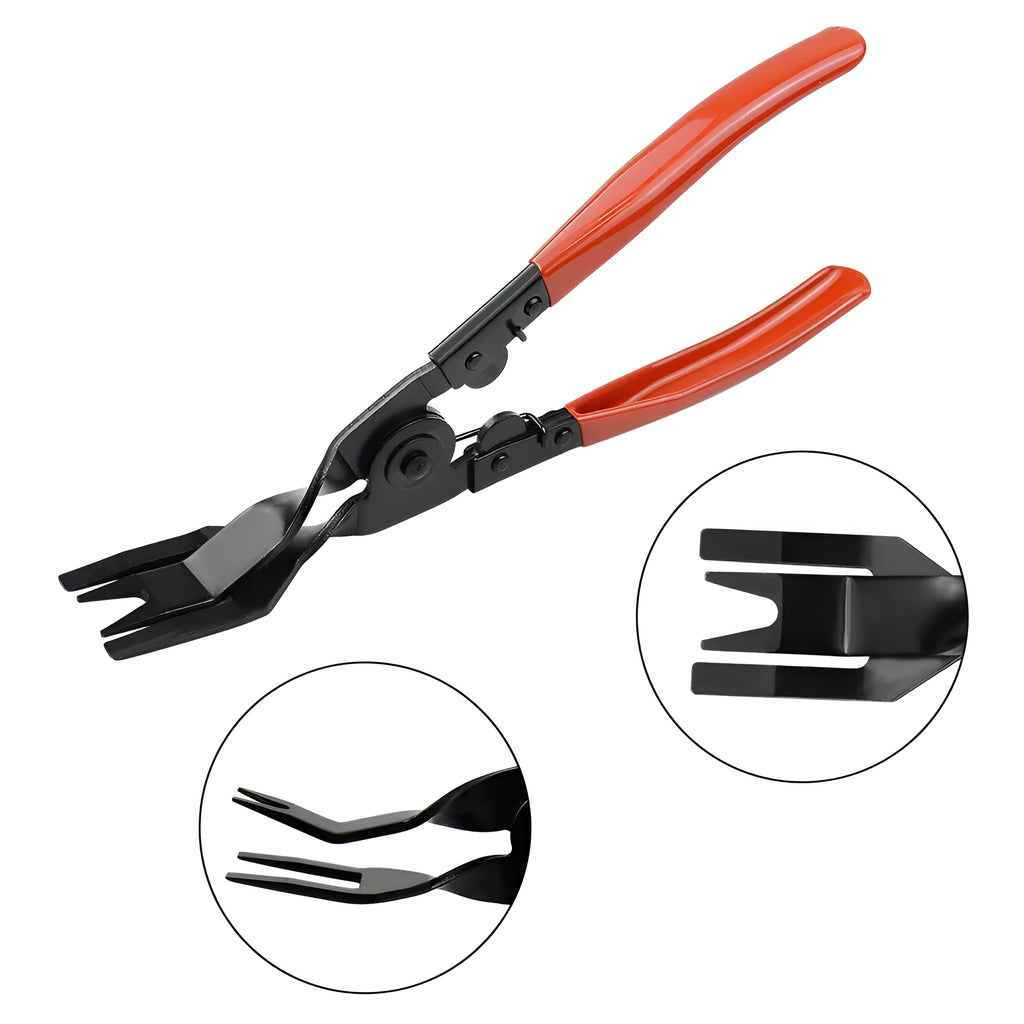 Red-handled steel automotive door panel clip driver tool for General Motors vehicles.