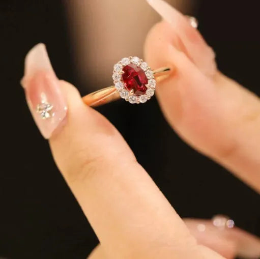 Gold Pigeon red blood gemstone sterling silver inlaid ring with floral pattern on silver-plated band