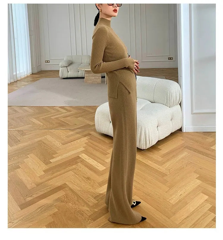 Women's apricot knitted cardigan, top, and wide-leg trousers set with black leather stitch trim detail.