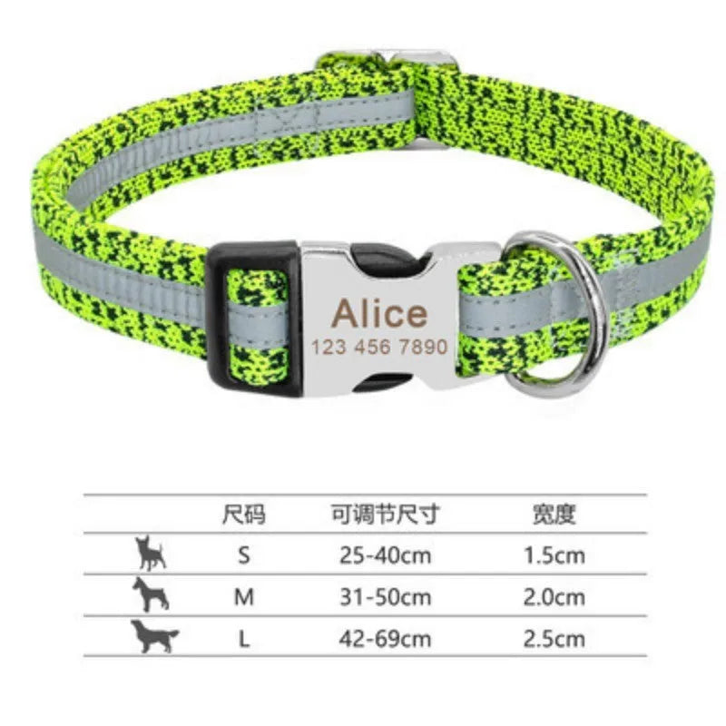Adjustable dog collar shown in black, green, or rose red, with a buckle, available in S, M, and L sizes
