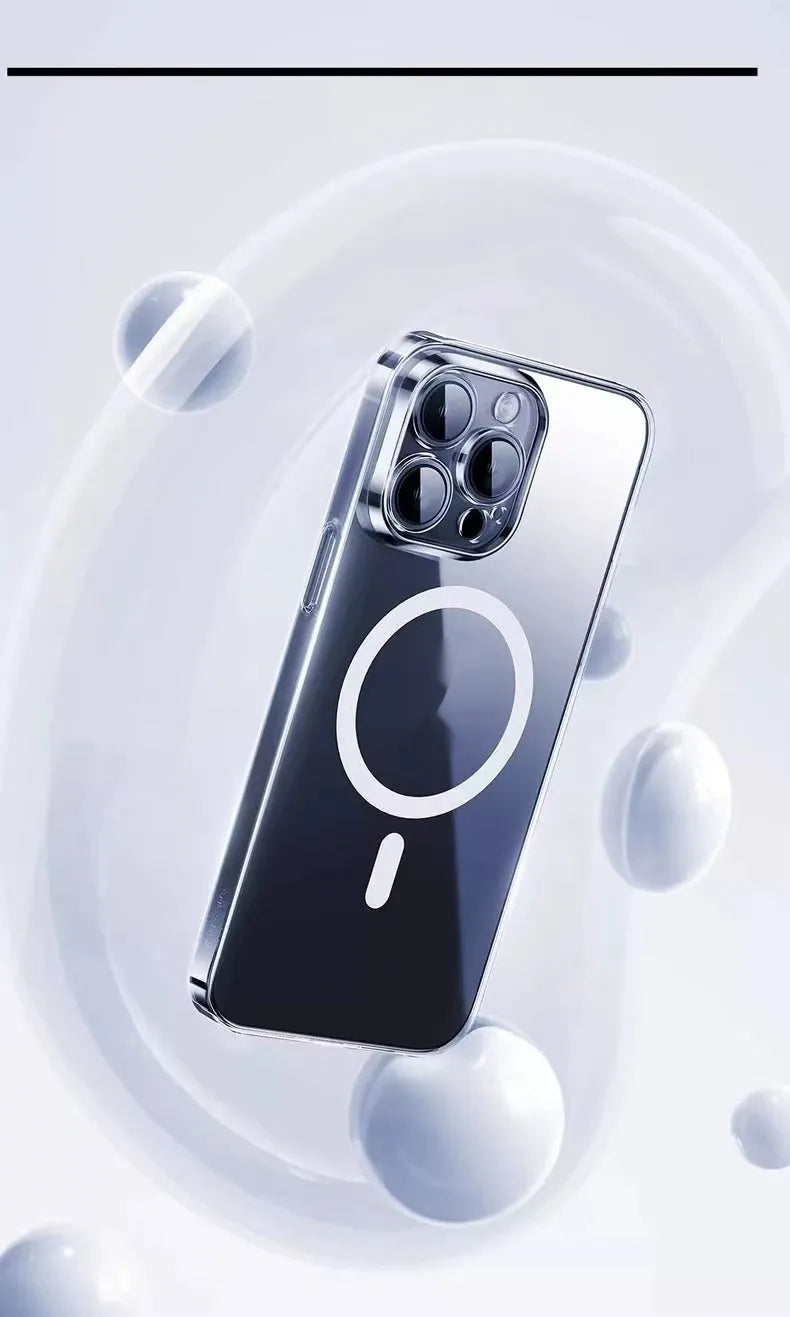 Transparent magnetic phone case for iPhone 15 and 16 with four-corner drop-resistant silicone and frosted finish.