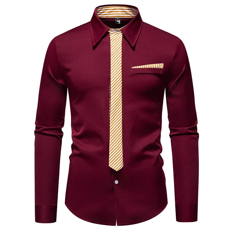 Men's long-sleeved polyester slim-fit cardigan style shirt in solid colour, front view