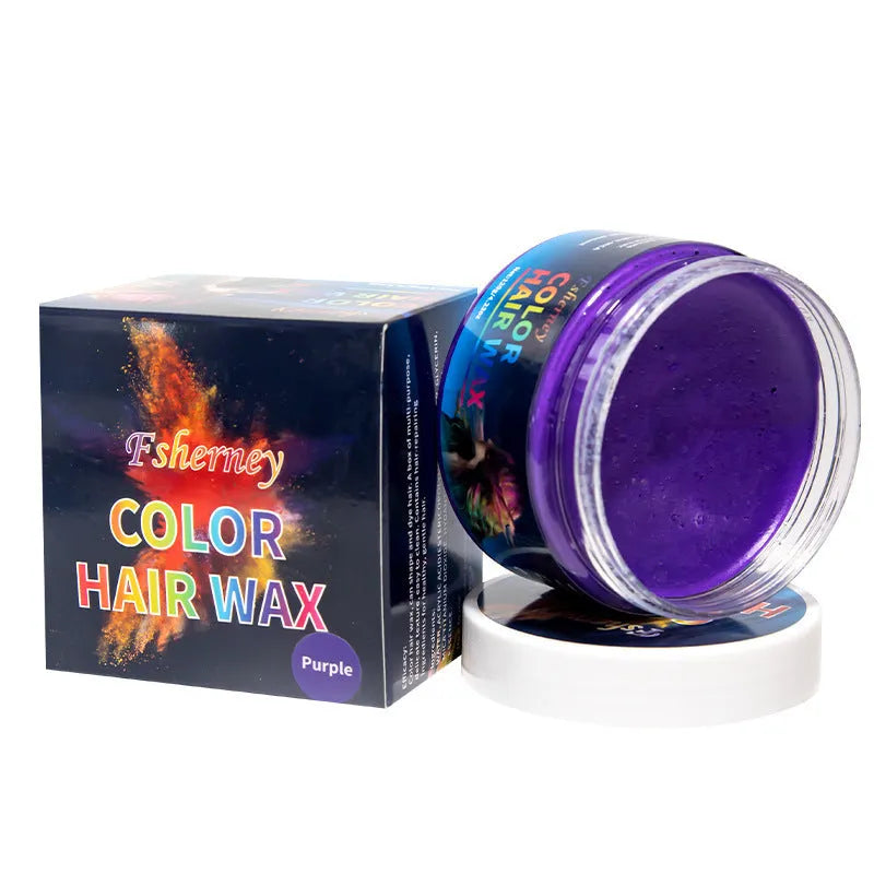 120g pot of strong hold hair styling clay in one of nine colours: white, orange, red, yellow, blue, green, purple, rose, or granny grey.