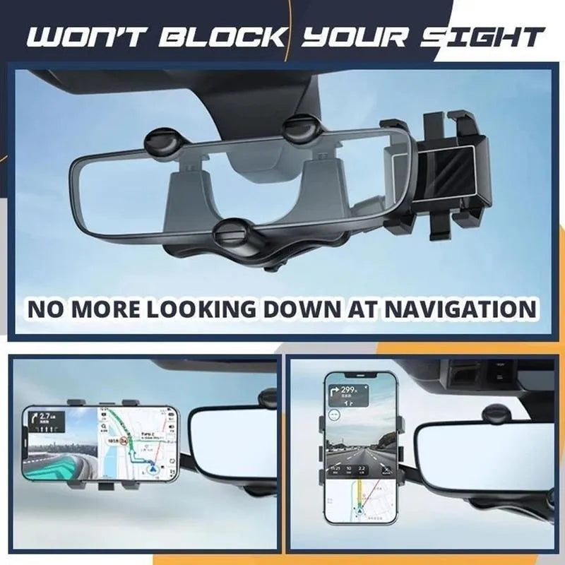 Black rearview mirror car phone holder showing 360-degree rotation and telescopic arm extended.