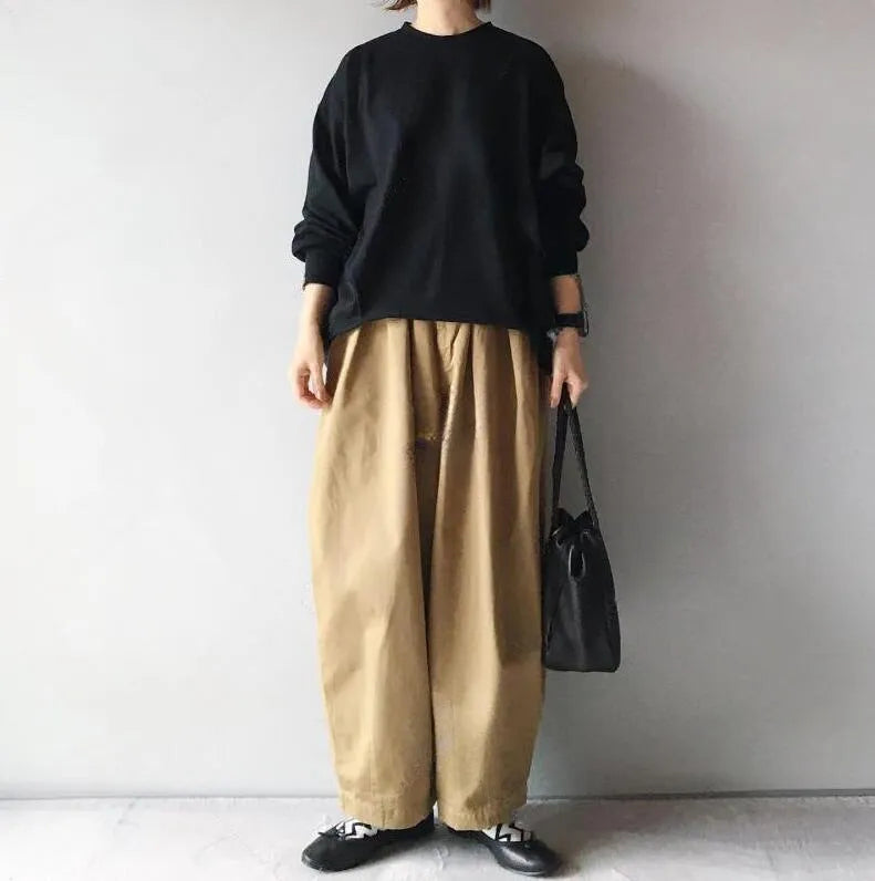 Women's lantern sleeve loose round neck sweater and wide leg cropped pants two-piece set in picture colour