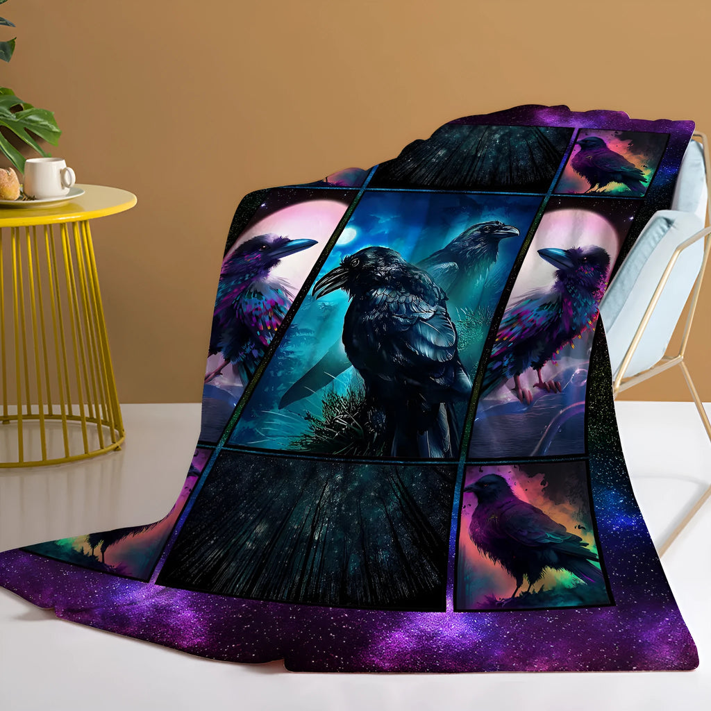 Colorful raven print flannel blanket in soft velvet, available in 75x100cm, 130x150cm, and 150x200cm sizes.