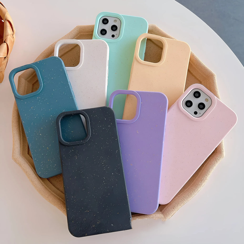 Fully degradable wheat straw fibre phone case for Apple iPhone, shown in multiple colours.