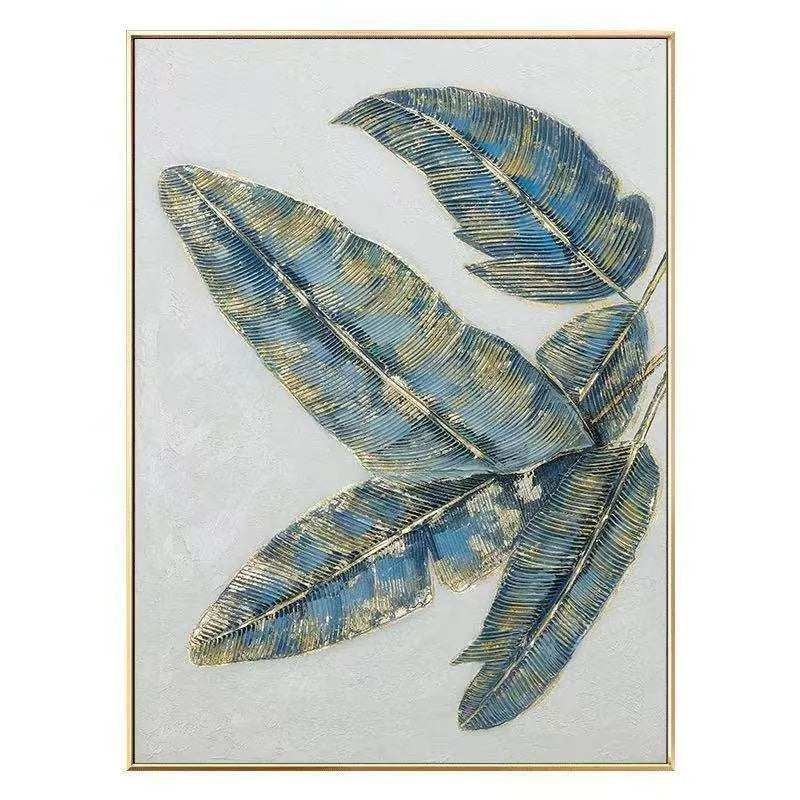 Hand-painted abstract green and golden banana leaves canvas wall art, rolled and frameless, on a white background