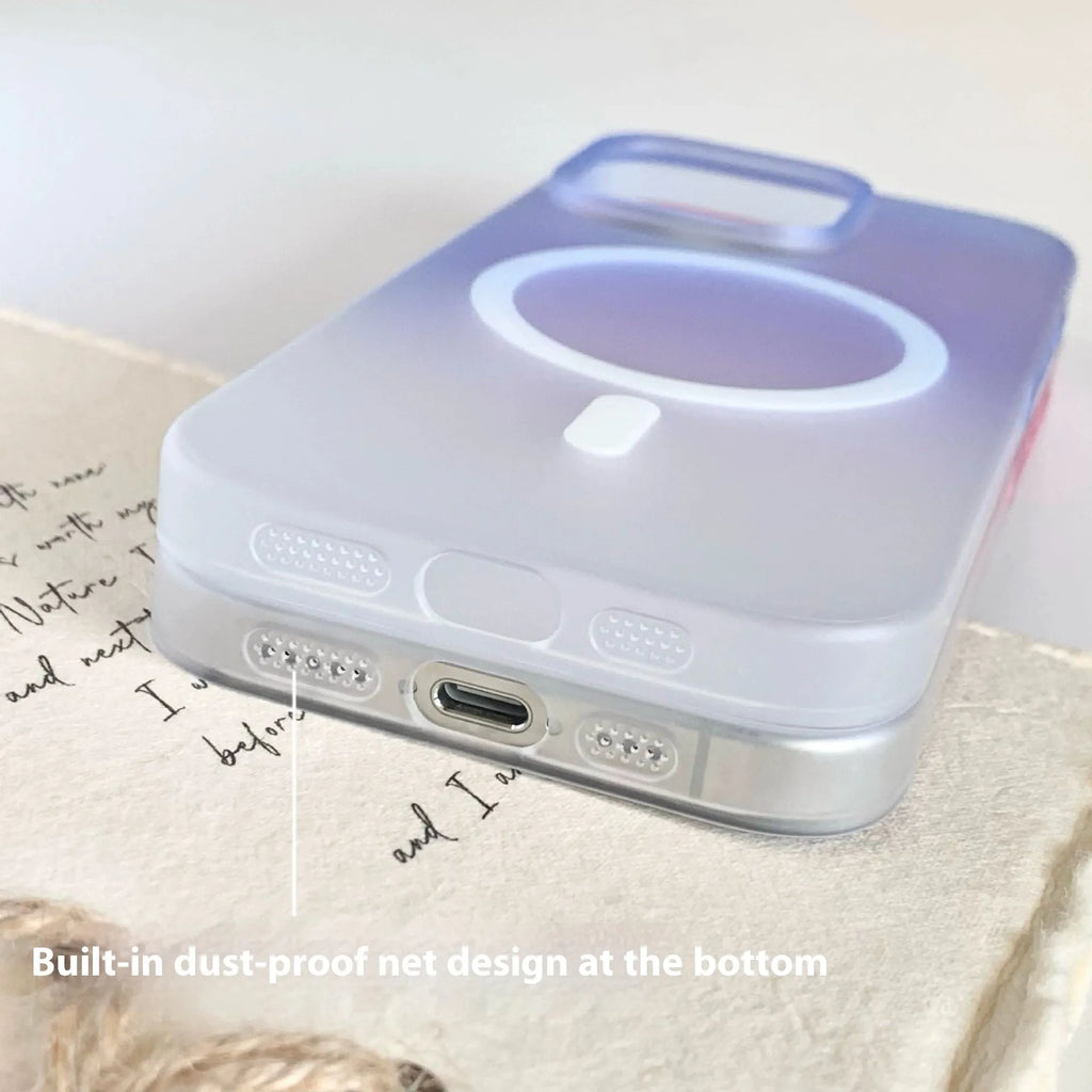 Gradient frosted magnetic suction iPhone case in blue colour variant showing MagSafe ring compatibility