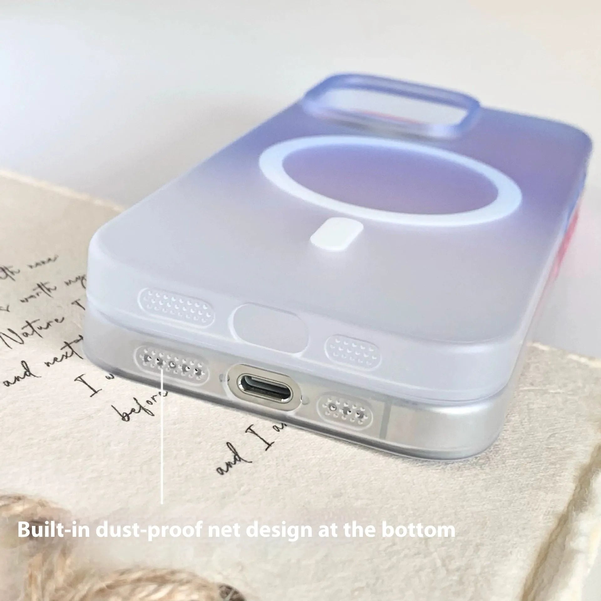 Gradient frosted magnetic suction iPhone case in blue colour variant showing MagSafe ring compatibility