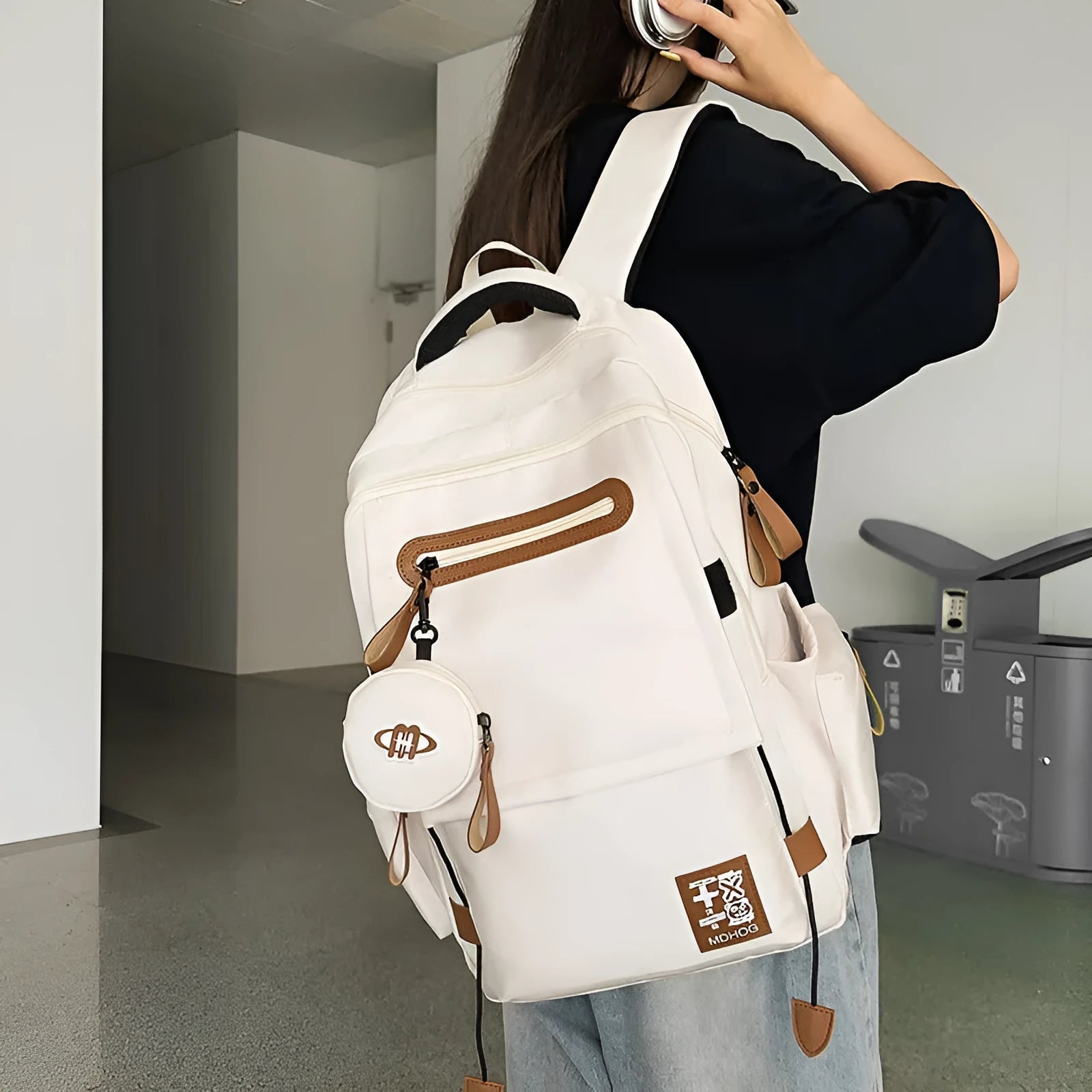 Large capacity waterproof nylon travel backpack with contrast stitching in beige colour option