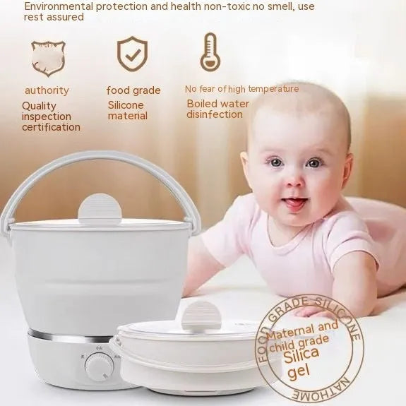 White folding electric cooker with silicone liner, food-grade, for camping and travel