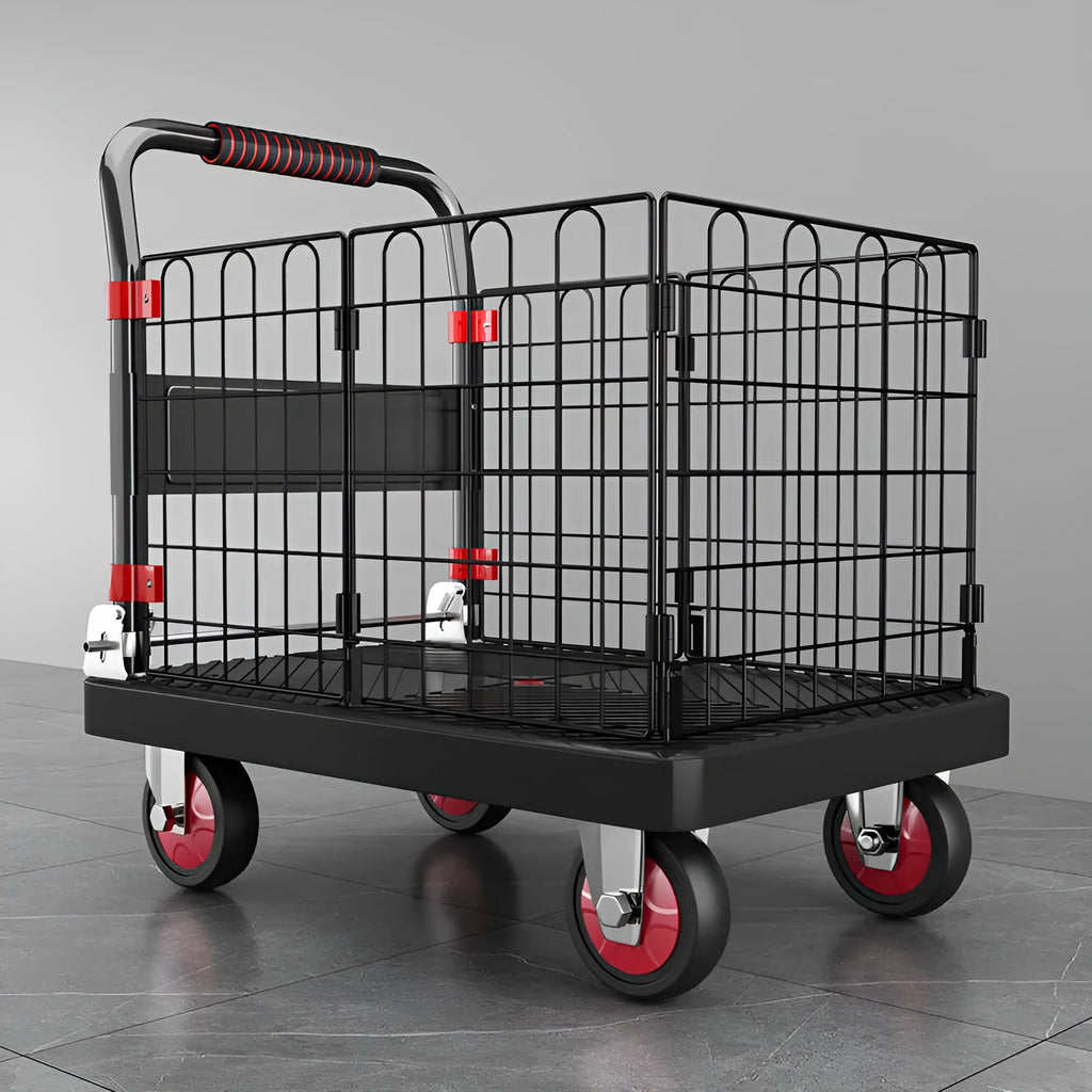 Black folding platform truck with fence 72x48 cm high strength plastic mute bearing 500 kg