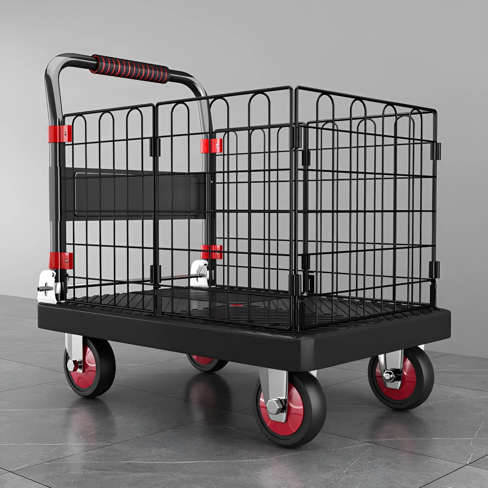Black folding platform truck with fence 72x48 cm high strength plastic mute bearing 500 kg
