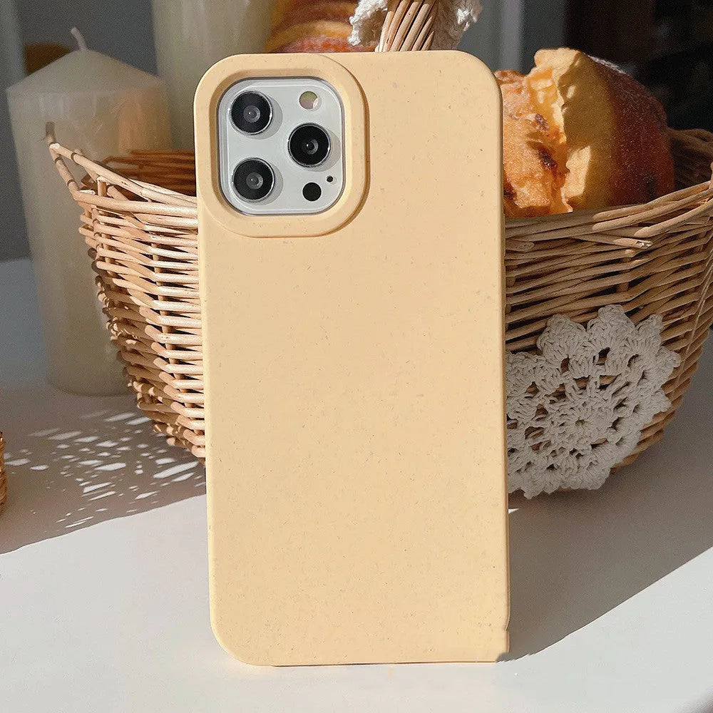 Fully degradable wheat straw fibre phone case for Apple iPhone, shown in multiple colours.