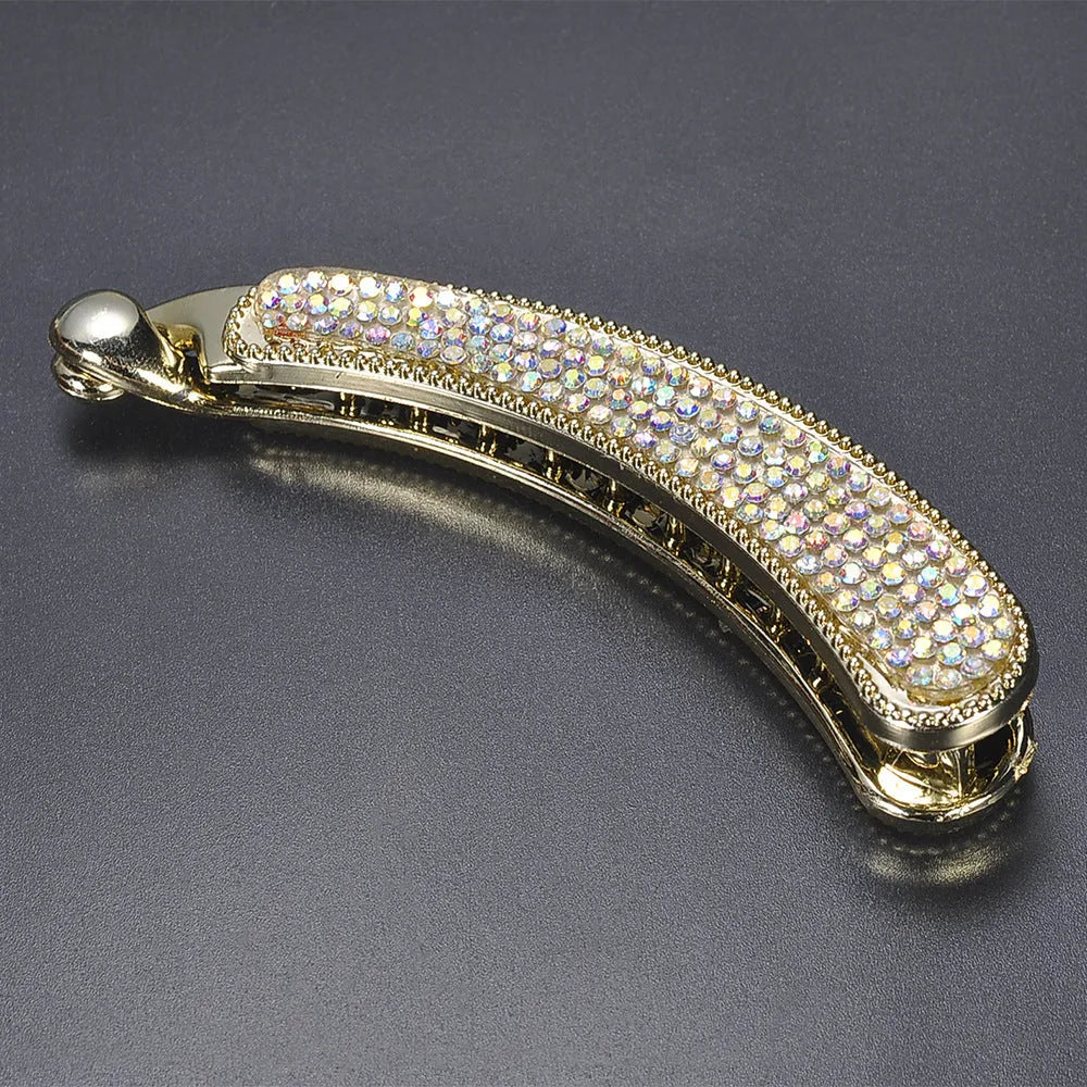 Rhinestone chicken leg banana hairpin in black, plastic with rhinestone diamond inlay, approx 10cm long.