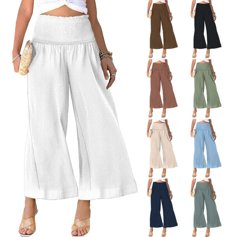Women's high waist pleating casual cotton trousers in straight-leg cropped style