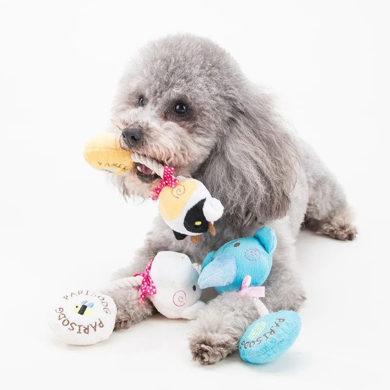 Plush animal dog toy with cotton rope in frog, elephant, cow or bear designs with squeaker