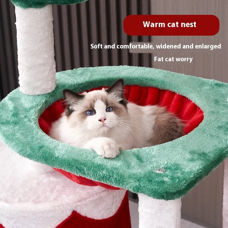 Cat scratching post with integrated toy in Christmas colours made from density plate