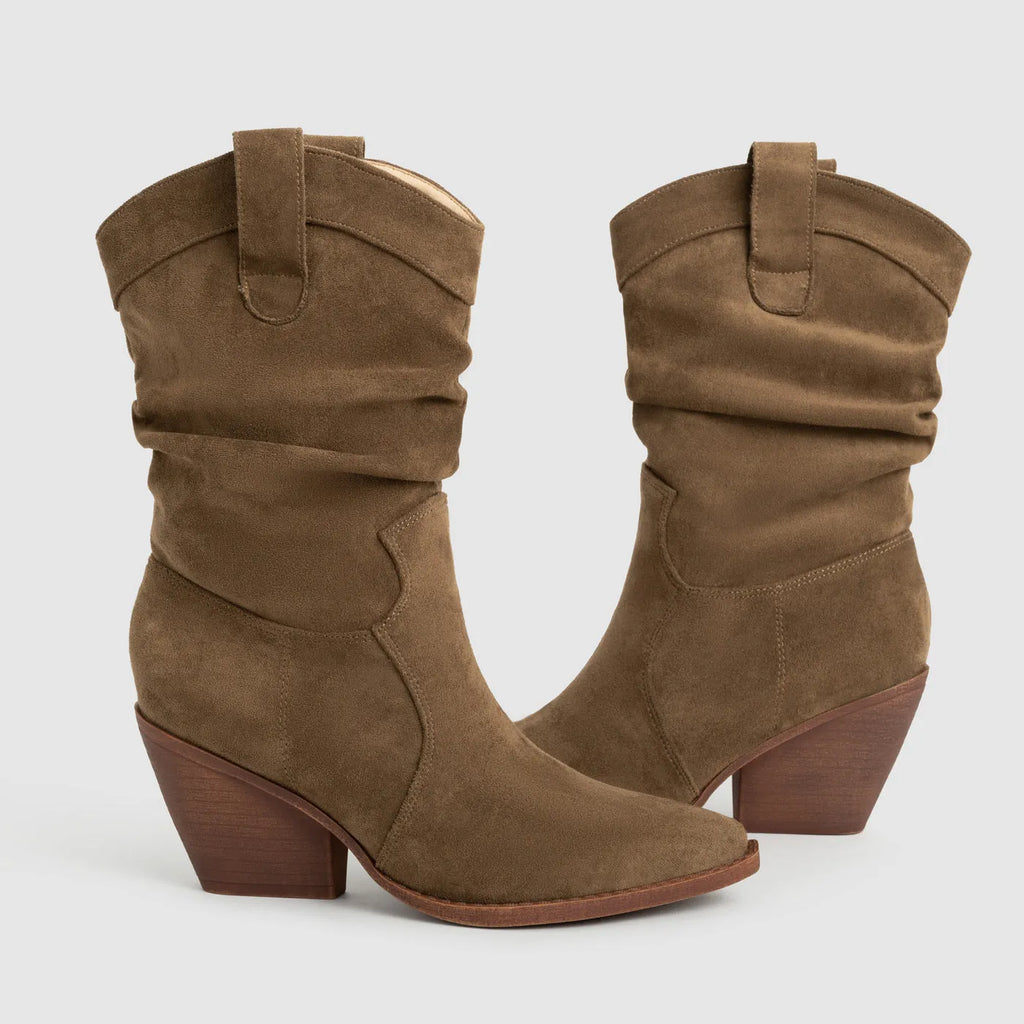 Brown thick heel women's ankle boots with pointed toe and belt buckle