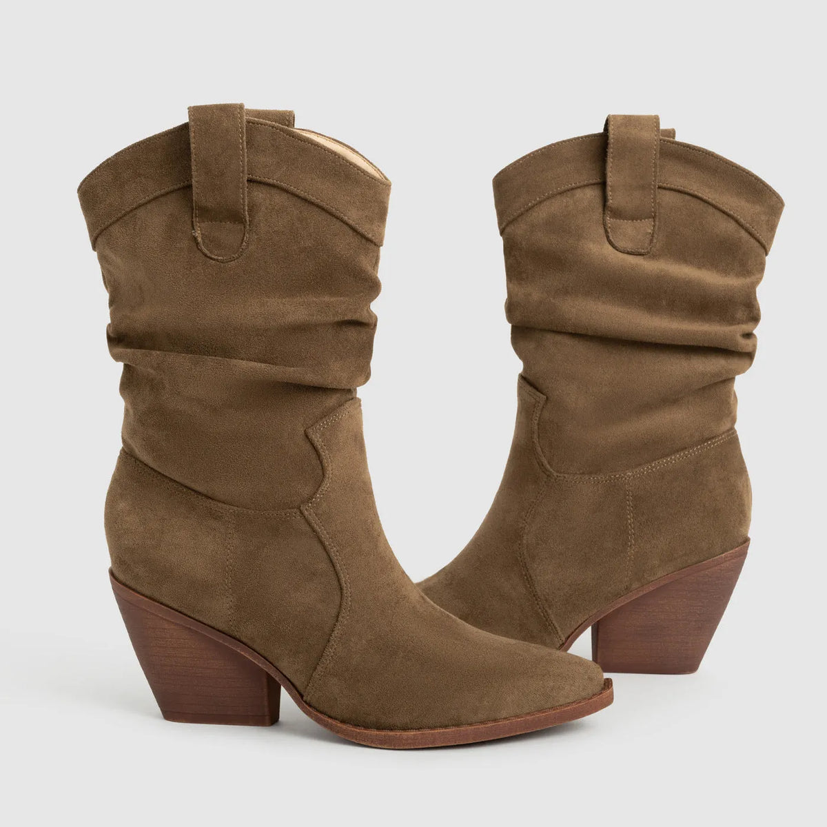 Brown thick heel women's ankle boots with pointed toe and belt buckle
