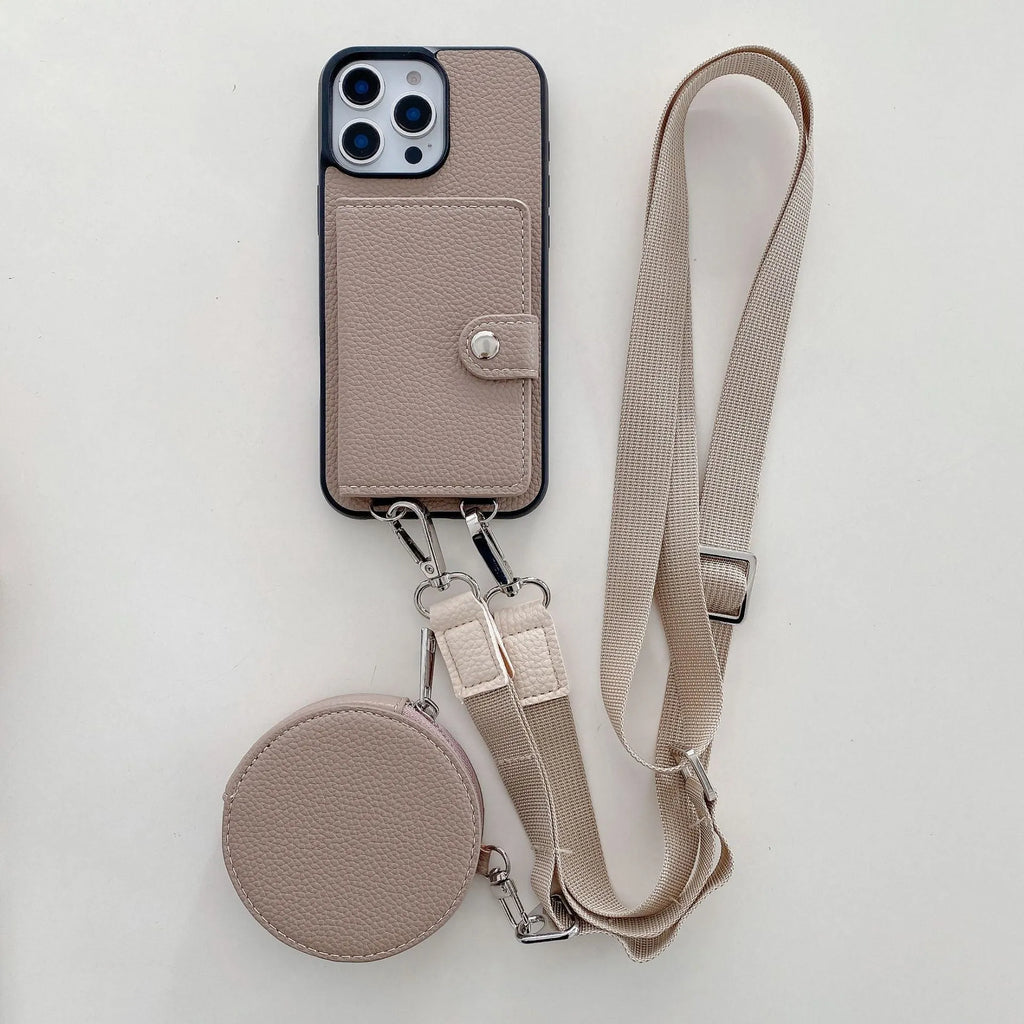 Slim black PC leather iPhone case with a built-in card slot and a lanyard loop on the corner.