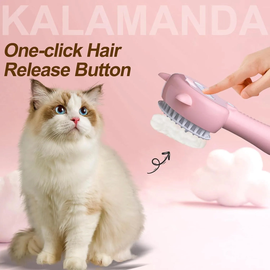 Cat ear-shaped steam grooming brush with ergonomic handle and coloured bristles