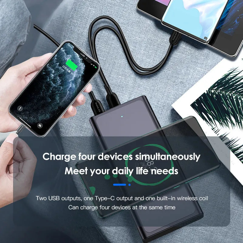 Black and blue aluminium alloy power bank with 10000mAh capacity and integrated plug for wireless charging.