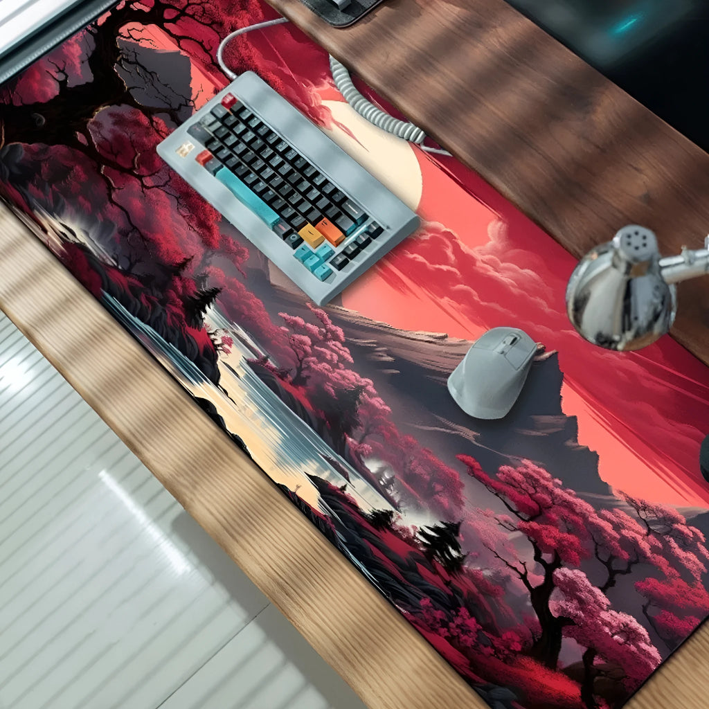 Large black anime-themed gaming mouse pad with non-slip rubber base on a wooden desk.