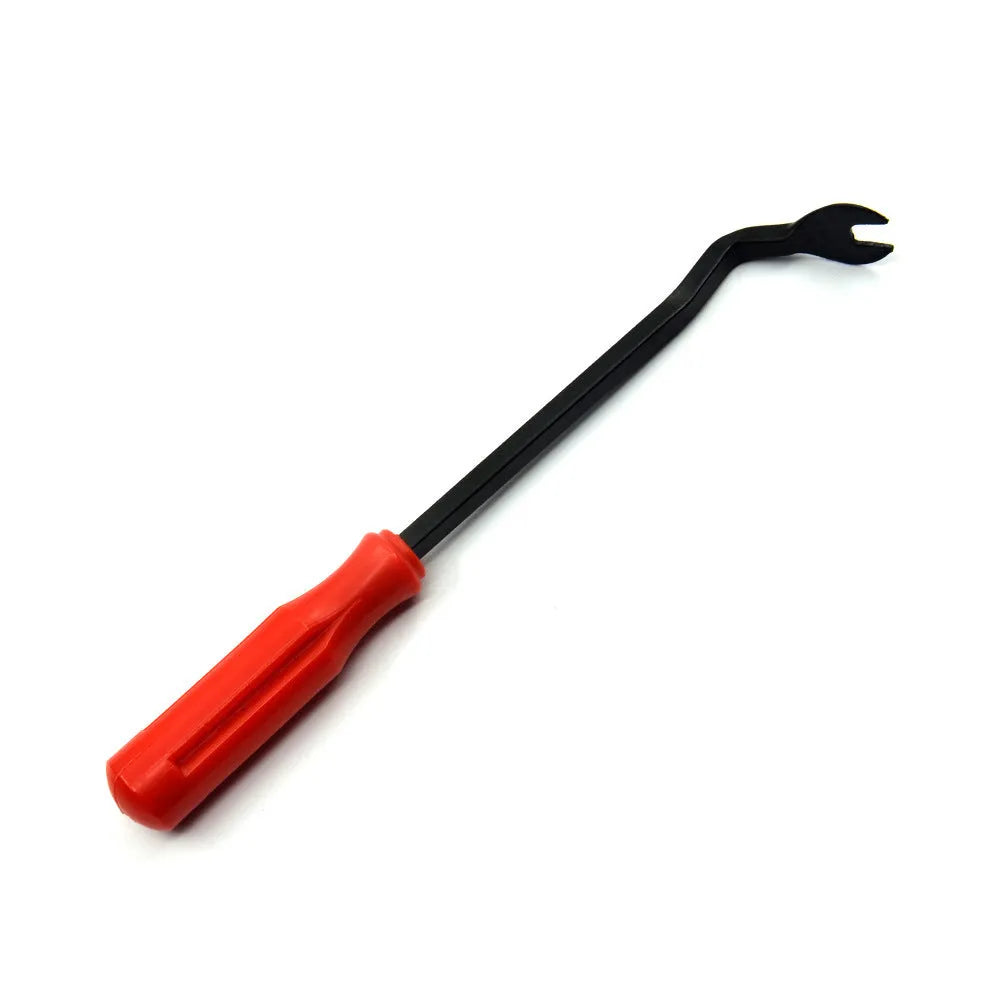 Red-handled steel automotive door panel clip driver tool for General Motors vehicles.