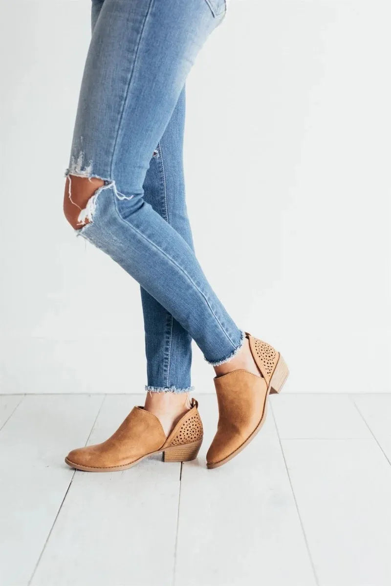 Women's retro mesh ankle boots with square chunky heel, cut-out perforated design in beige