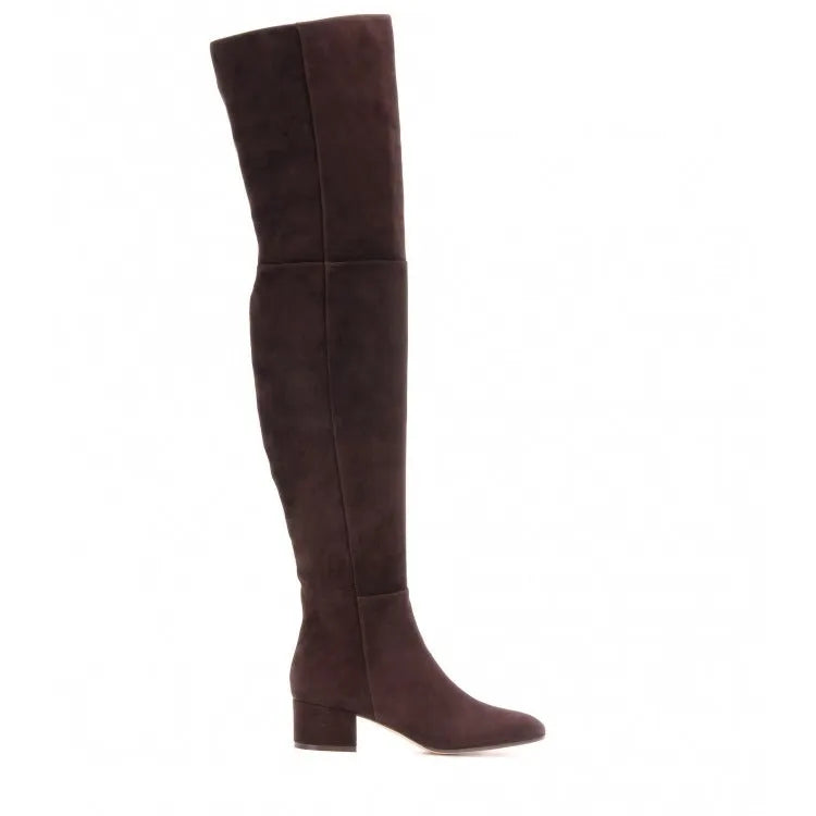 Grey suede women's over-the-knee flat boots with pointed toe and low thick heel