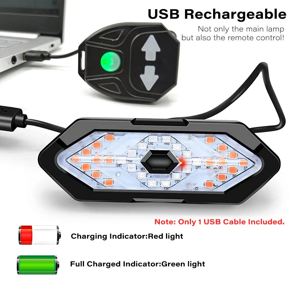 Black USB rechargeable bicycle turn signal with horn, 9.4 x 3.2cm, 900mAh, wireless remote and silicone straps