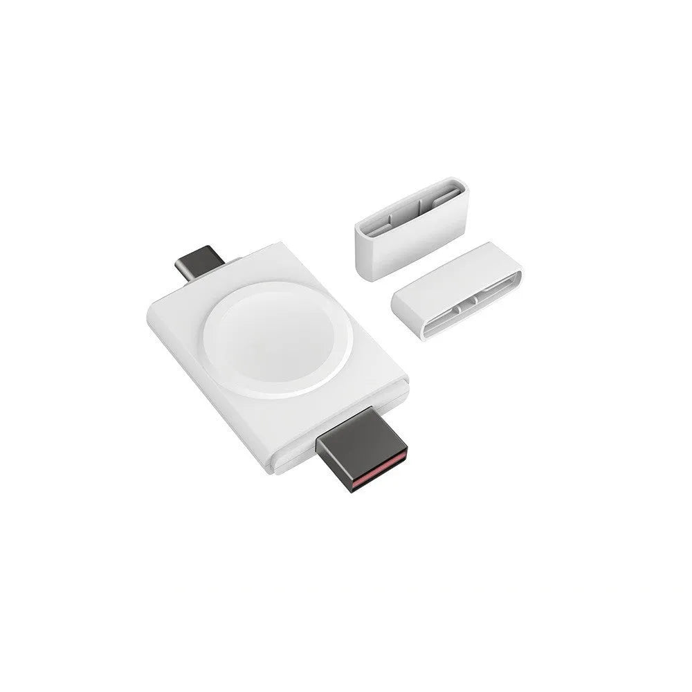 Two-in-one magnetic watch charger with USB and Type-C inputs, black colour, 64.5mm by 31.2mm by 8.5mm