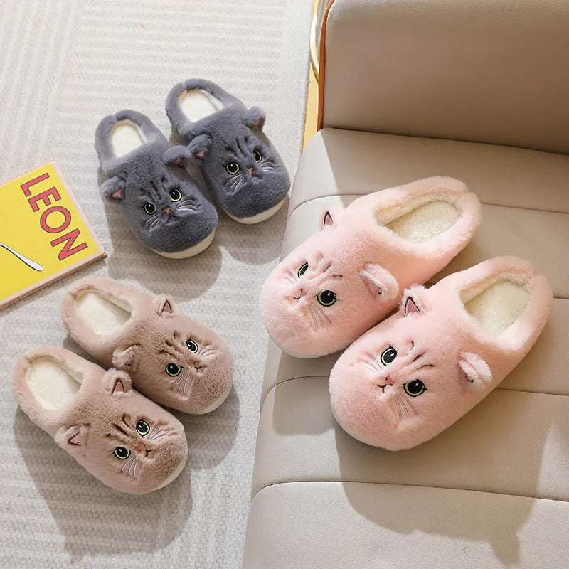 Cotton couple Kitty cartoon velvet warm slippers with non-slip TPR sole in pink