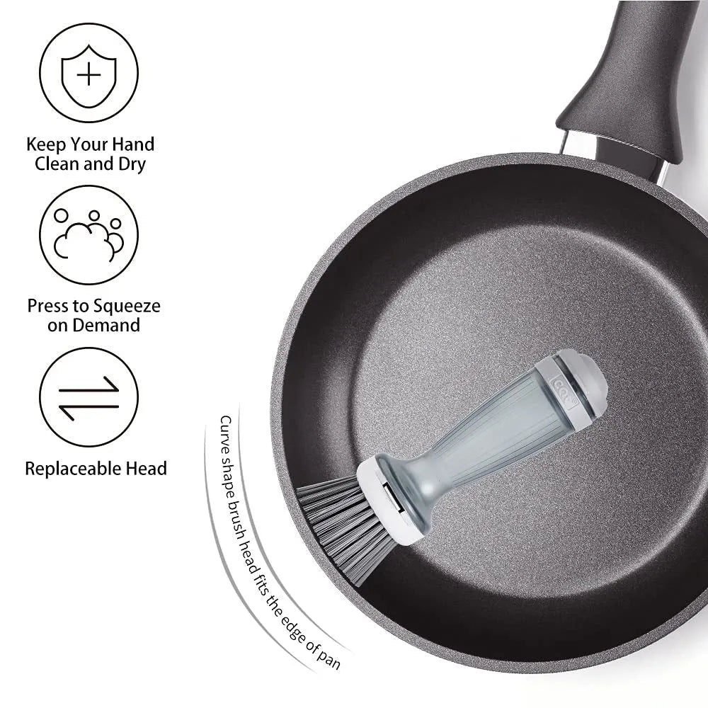 Milk white and mint green kitchen dish brush with soap dispenser and replaceable non-scratch head.