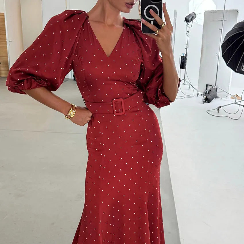 French style polka dot satin dress with V-neck, long fishtail skirt, and shirt sleeves in print pattern