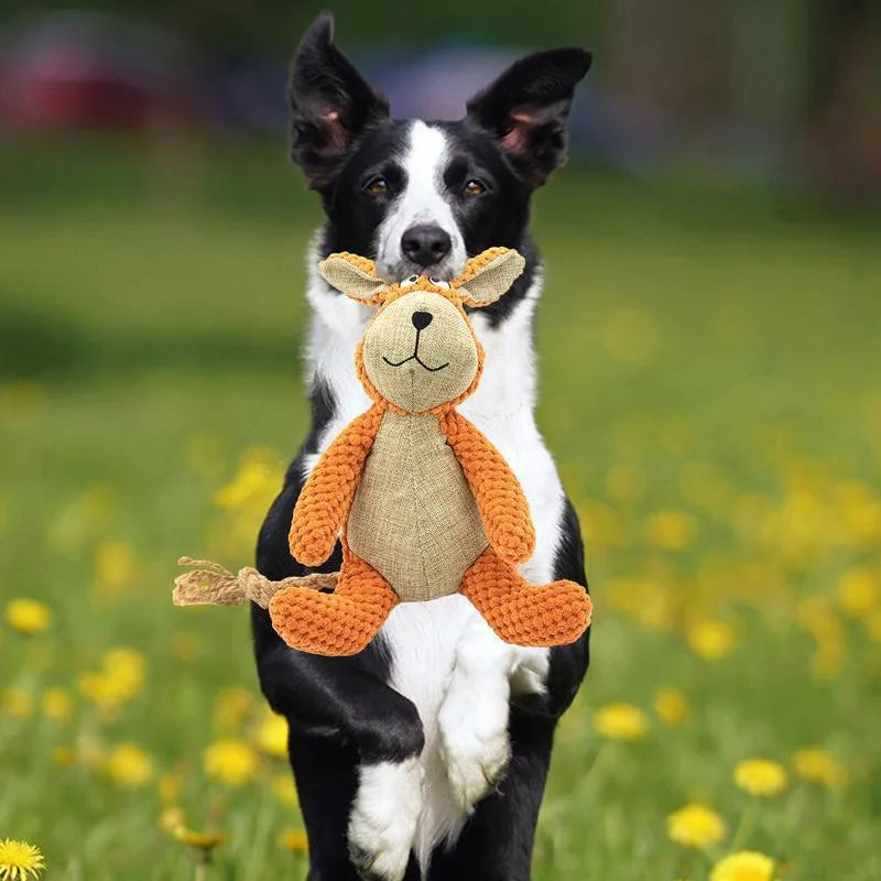Assorted plush dog chew toys in donkey, elephant, orangutan, and rabbit shapes with squeakers.